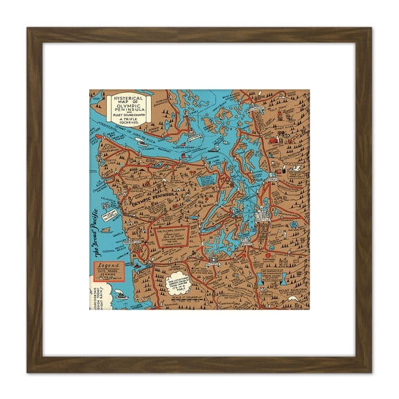 Map Lindgren 1934 Hysterical Olympic Peninsula Washington USA 8X8 Inch Square Wooden Framed Wall Art Print Picture with Mount