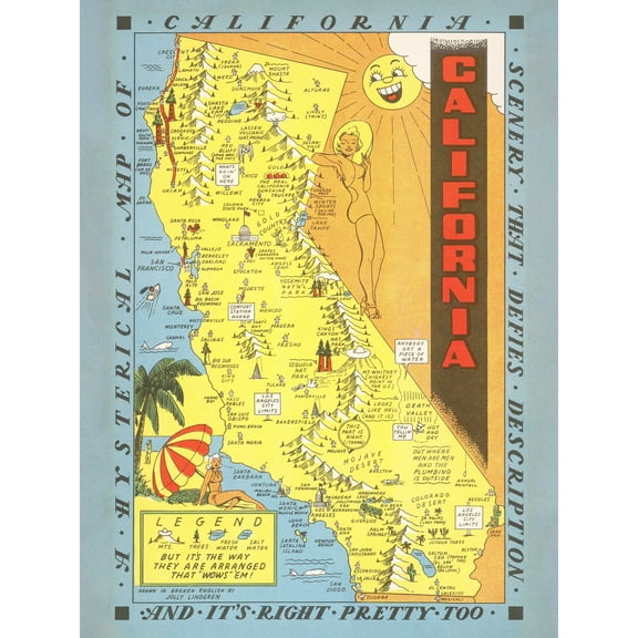 Map Lindgren 1948 California Pictorial Extra Large XL Wall Art Poster Print