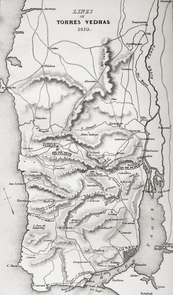 Map Of The Lines Of Torres Vedras Portugal 1810 From Life And Campaigns Of Arthur Duke Of Wellington Published 1841 Canvas Art - Ken Welsh Design Pics (10 x 18)