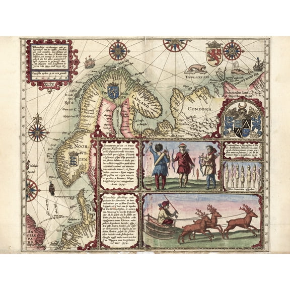 Map Linschoten 1601 North Europe Scandinavia Pictorial Extra Large XL Wall Art Poster Print