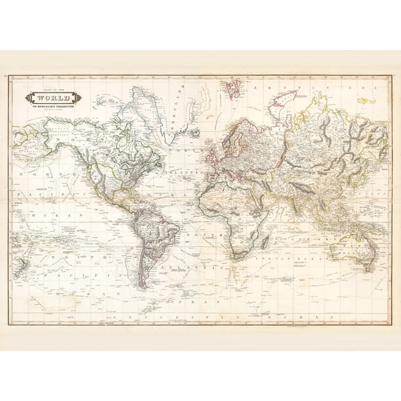 Map Lizars 1841 World Mercator's Projection Chart Extra Large XL Wall Art Poster Print