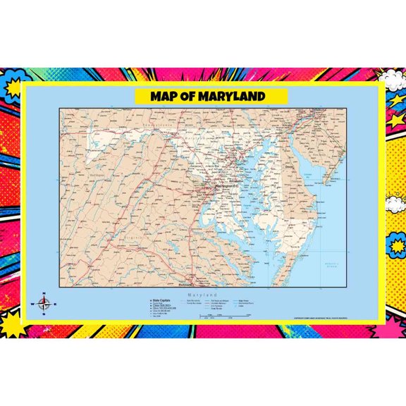 Map Of Maryland Style D - 18x24 Inch - Pop Art Edition Vibrant Perfect for Kids Classrooms and Homes Laminated Wall Poster - Vivid Imagery with Bright Colors