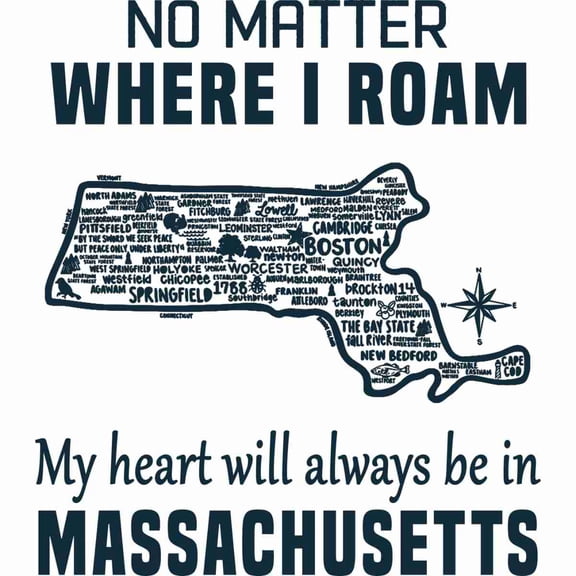 Map Of Massachusetts - No Matter Where I Roam - 18x24 Inch - Laminated Wall Map for Homes, Classrooms and Offices - Vivid Colors, Easy to Read, Clean Layout