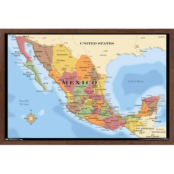 Map - Mexico Wall Poster, 14.725" x 22.375", Framed