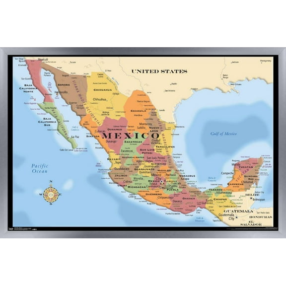 Map - Mexico Wall Poster, 14.725" x 22.375", Framed