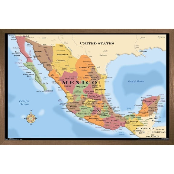 Map - Mexico Wall Poster, 14.725" x 22.375", Framed