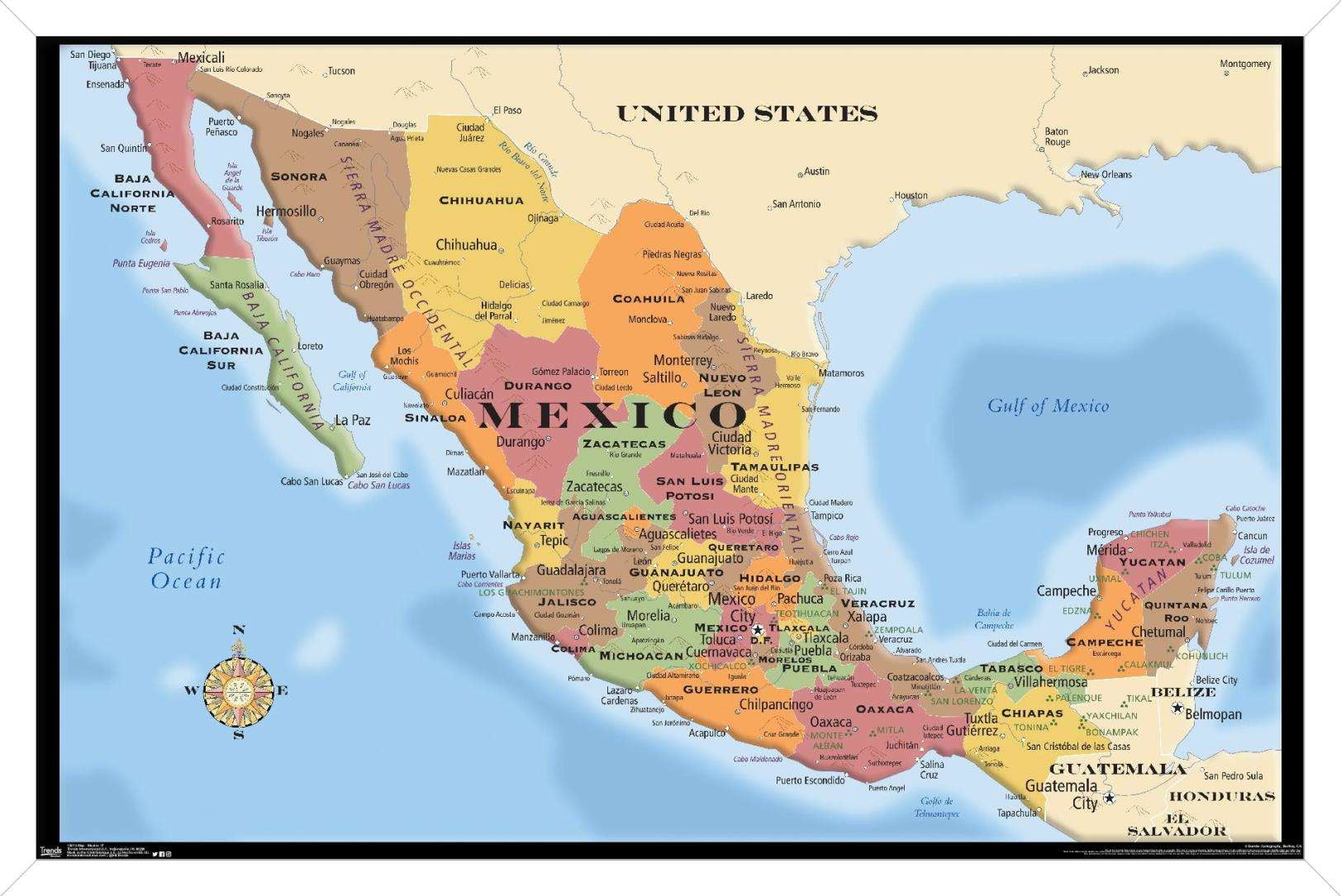 Map - Mexico Wall Poster, 14.725" x 22.375", Framed