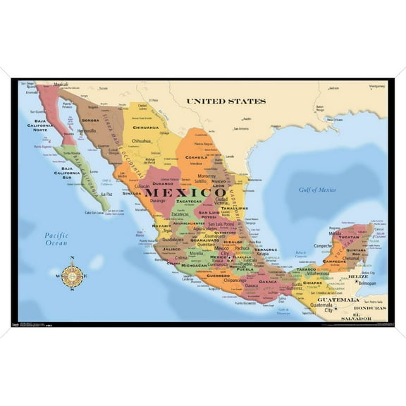 Map - Mexico Wall Poster, 14.725" x 22.375", Framed