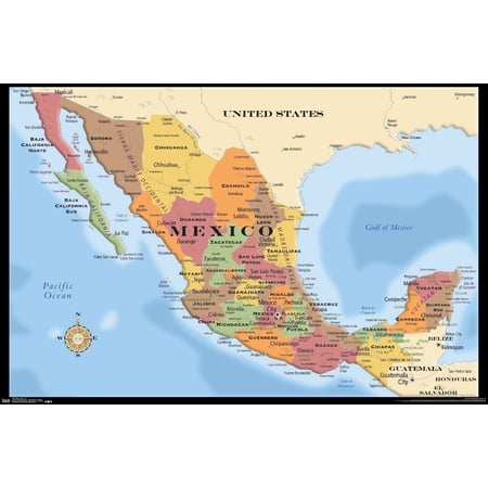 Map - Mexico Wall Poster, 14.725" x 22.375"