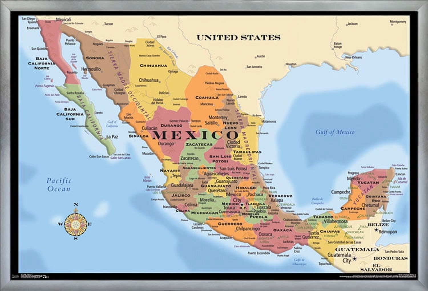 Map - Mexico Wall Poster, 22.375" x 34", Framed - image 1 of 2
