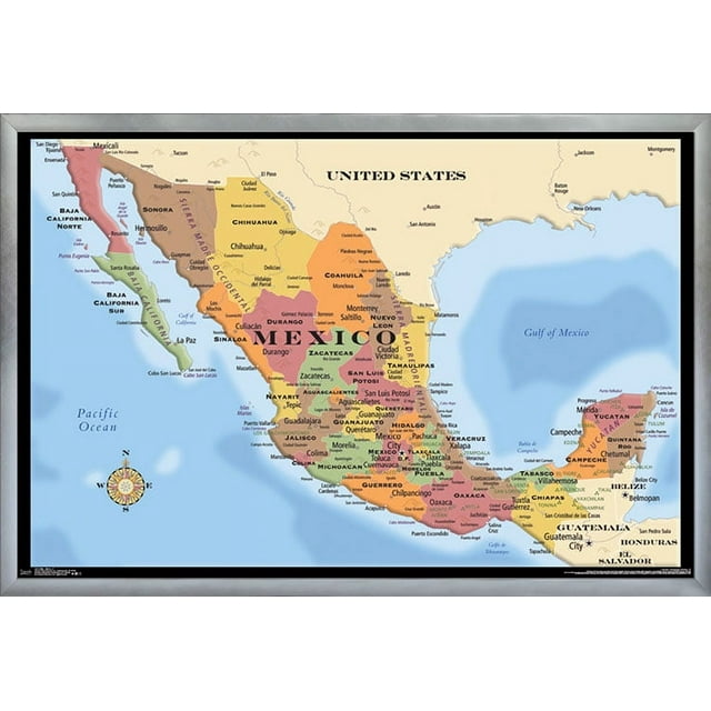 Map - Mexico Wall Poster, 22.375" x 34", Framed