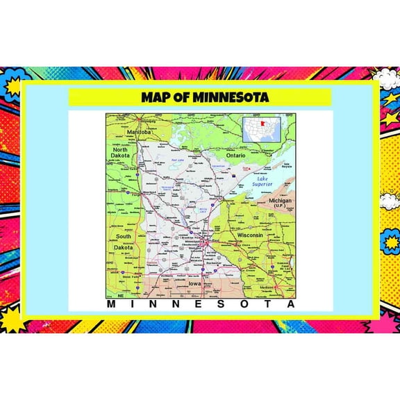 Map Of Minnesota Style C 20x30 Inch - Pop Art Edition Vibrant Perfect for Kids Classrooms and Homes Laminated Wall Poster - Vivid Imagery with Bright Colors