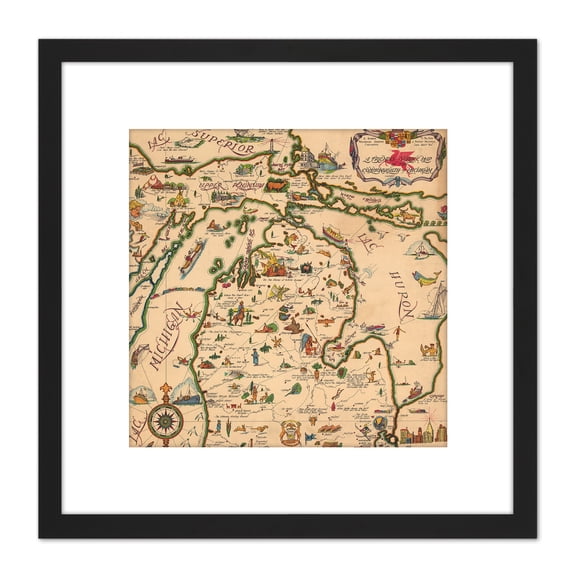 Map Mobile 1940 Friendly Commonwealth Michigan Pictorial 8X8 Inch Square Wooden Framed Wall Art Print Picture with Mount