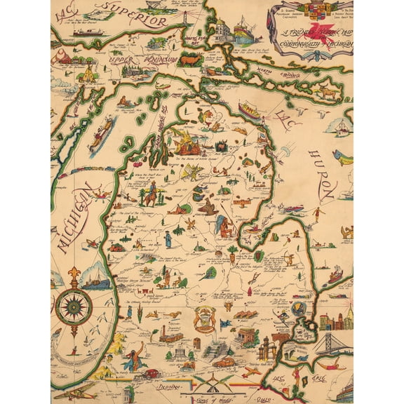 Map Mobile 1940 Friendly Commonwealth Michigan Pictorial Extra Large XL Wall Art Poster Print