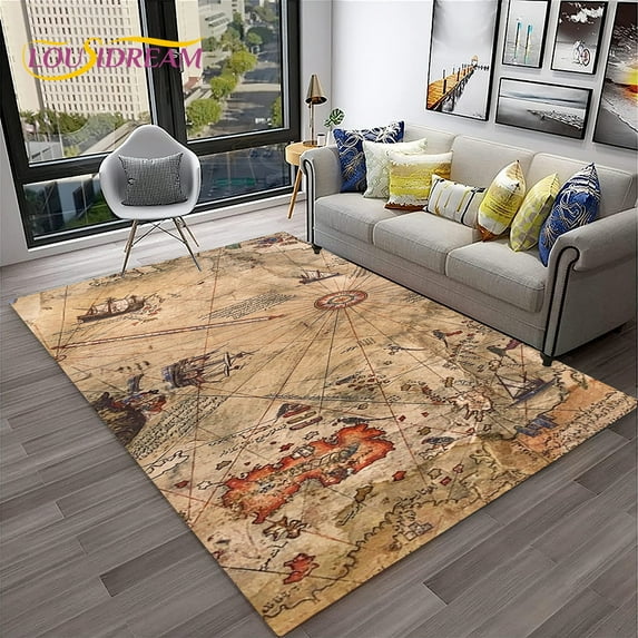 Map Navigation Compass Retro Carpet Rug for Home Living Room Bedroom Sofa Doormat r Child Play Area Rug Non-slip Floor Mat