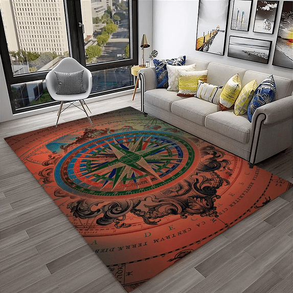 Map Navigation Compass Retro Carpet Rug for Home Living Room Bedroom Sofa Doormat r Child Play Area Rug Non-slip Floor Mat