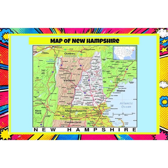 Map Of New Hampshire 18x24 Inch - Pop Art Edition Vibrant Perfect for Kids Classrooms and Homes Laminated Wall Poster - Vivid Imagery with Bright Colors