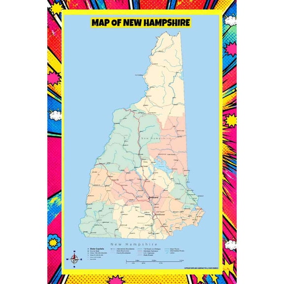 Map Of New Hampshire Style A - 24x36 Inch - Pop Art Edition Vibrant Perfect for Kids Classrooms and Homes Laminated Wall Poster - Vivid Imagery with Bright Colors