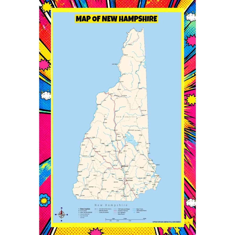 Map Of New Hampshire Style B - 36x60 Inch - Pop Art Edition Vibrant ...