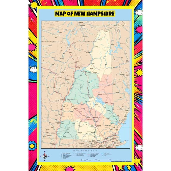 Map Of New Hampshire Style C - 24x36 Inch - Pop Art Edition Vibrant Perfect for Kids Classrooms and Homes Laminated Wall Poster - Vivid Imagery with Bright Colors