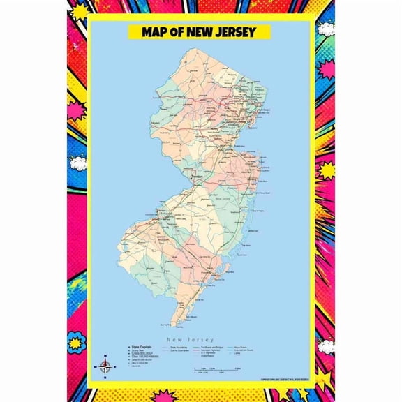 Map Of New Jersey Style A - 18x24 Inch - Pop Art Edition Vibrant Perfect for Kids Classrooms and Homes Laminated Wall Poster - Vivid Imagery with Bright Colors