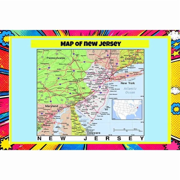 Map Of New Jersey Style C - 18x24 Inch - Pop Art Edition Vibrant Perfect for Kids Classrooms and Homes Laminated Wall Poster - Vivid Imagery with Bright Colors