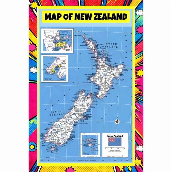Map Of New Zealand 36x60 Inch - Pop Art Edition Vibrant Perfect for Kids Classrooms and Homes Laminated Wall Poster - Vivid Imagery with Bright Colors