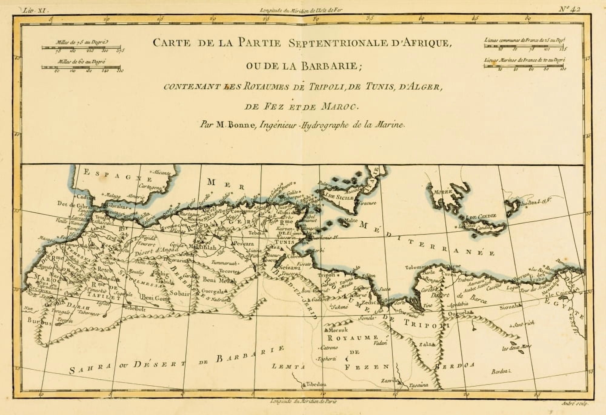 Map Of North Africa Circa1760 From Atlas De Toutes Les Parties Connues Du Globe Terrestre By Cartographer Rigobert Bonne Published Geneva Circa 1760 Canvas Art - Ken Welsh Design Pics (34 x 22)