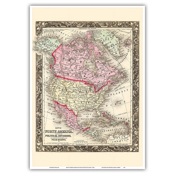 Map of North America - British Danish Russian - Showing it’s Political Divisions - Vintage Colored Cartographic Map by Wellington Williams c.1880 - Master Art Print 10in x 14in