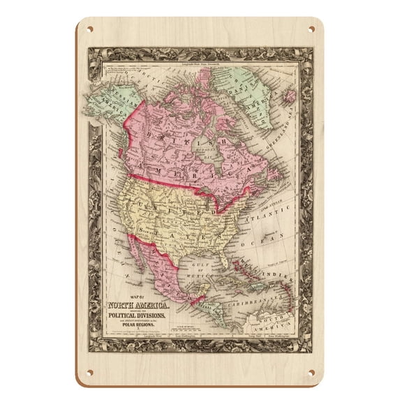 Map of North America - British Danish Russian - Showing it’s Political Divisions - Vintage Colored Cartographic Map by Wellington Williams c.1880 - 8 x 12 inch Vintage Wood Art Sign