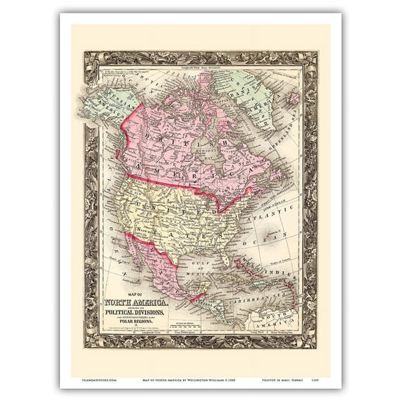 Map of North America - British Danish Russian - Showing it’s Political Divisions - Vintage Colored Cartographic Map by Wellington Williams c.1880 - Master Art Print (Unframed) 9in x 12in