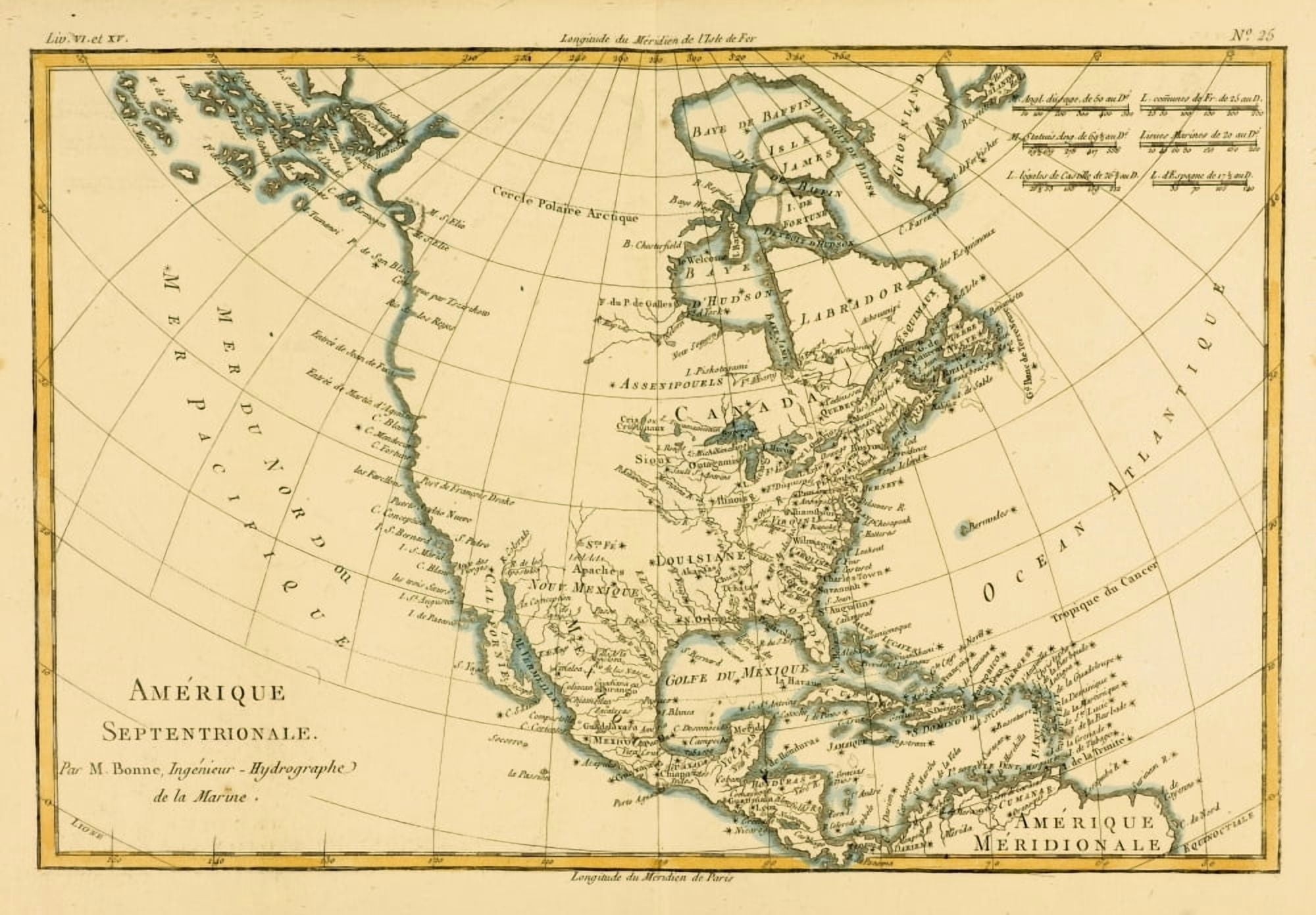 Map Of North America Circa1760 From Atlas De Toutes Les Parties Connues Du Globe Terrestre ??? By Cartographer Rigobert Bonne Published Geneva Circa 1760 Canvas Art - Ken Welsh Design Pics (17 x 12)