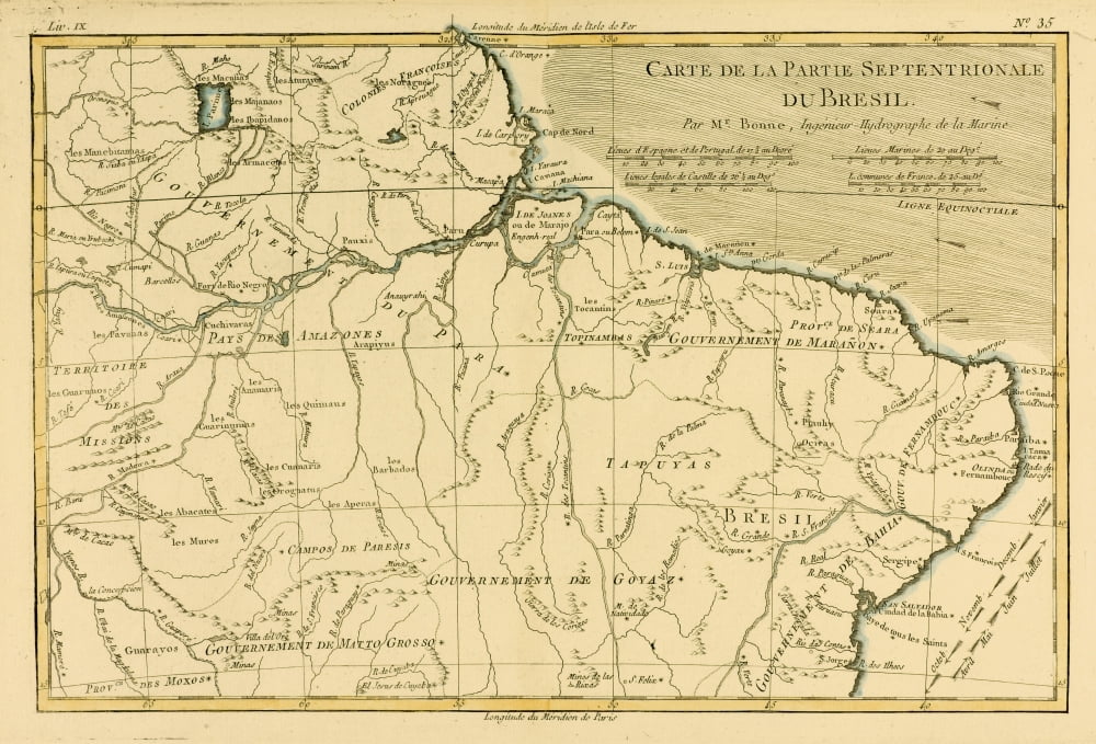 Map Of Northern Brazil Circa1760 From Atlas De Toutes Les Parties Connues Du Globe Terrestre  By Cartographer Rigobert Bonne Published Geneva Circa 1760 Canvas Art - Ken Welsh  Design Pics (34 x 22)