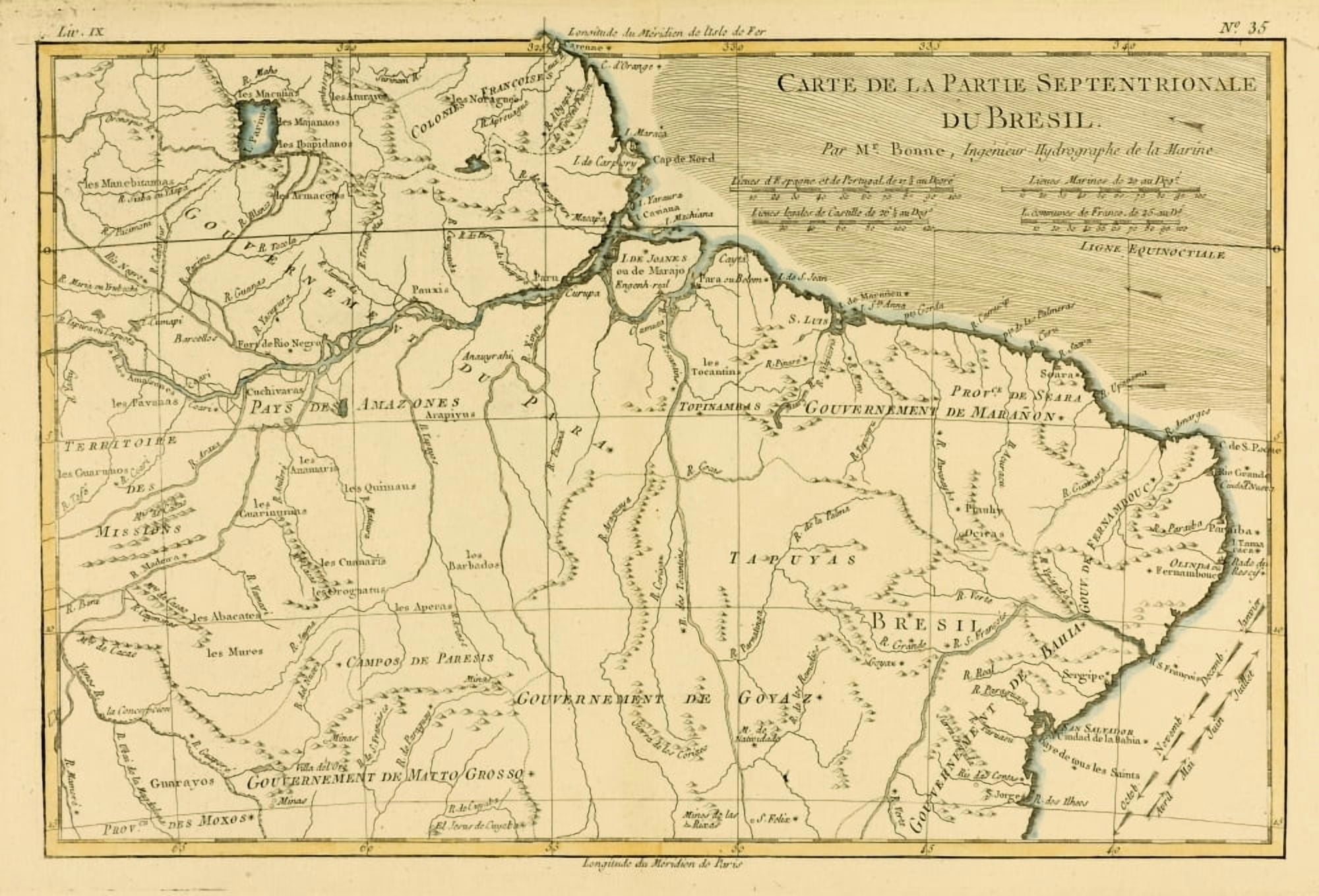 Map Of Northern Brazil Circa1760 From Atlas De Toutes Les Parties Connues Du Globe Terrestre ??? By CartographerRigobert BonnePublished Geneva Circa 1760 Canvas Art - Ken Welsh Design Pics (17 x 11)
