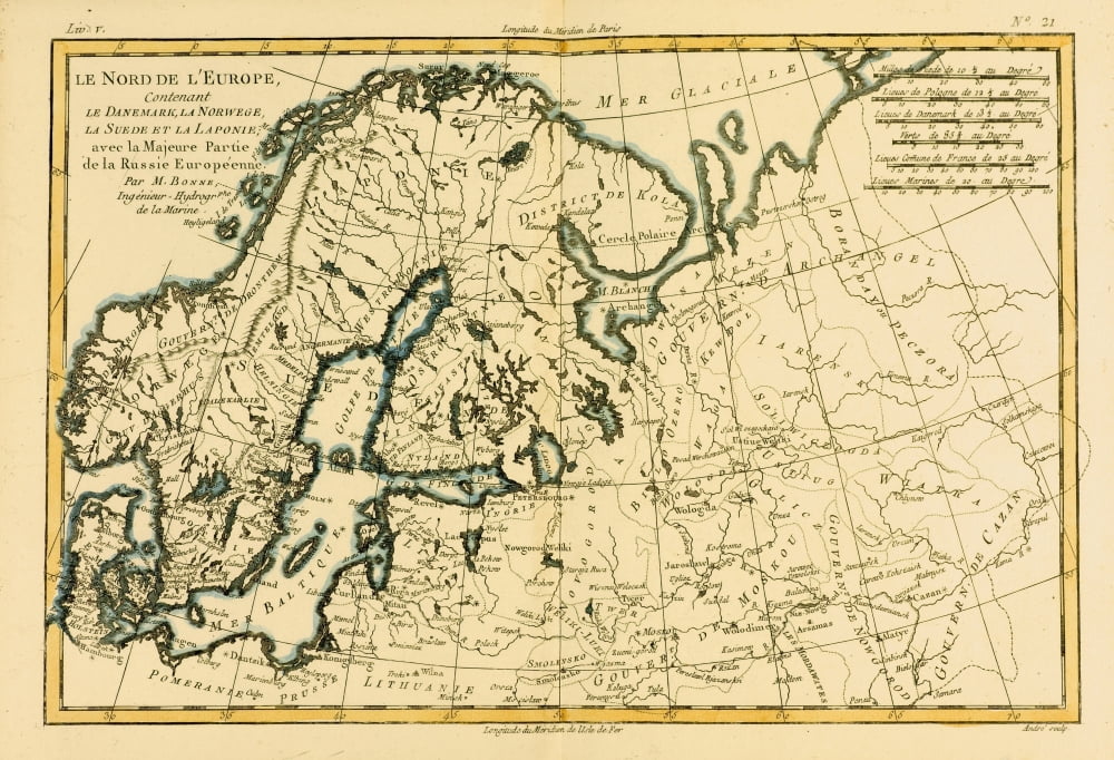 Map Of Northern Europe Circa1760 From Atlas De Toutes Les Parties Connues Du Globe Terrestre By Cartographer Rigobert Bonne Published Geneva Circa 1760 Canvas Art - Ken Welsh Design Pics (36 x 24)