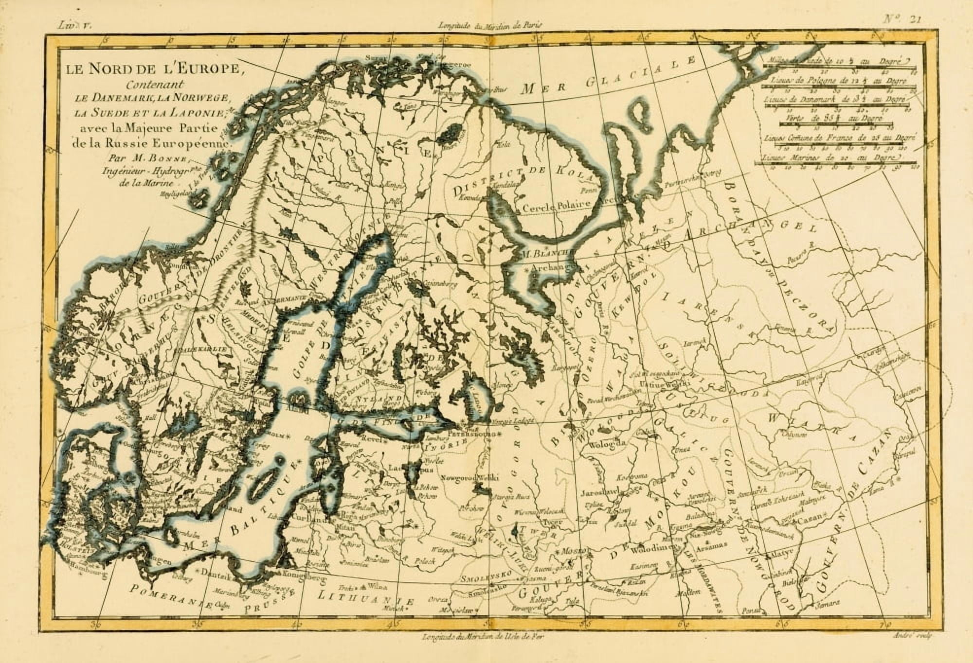 Map Of Northern Europe Circa1760 From Atlas De Toutes Les Parties Connues Du Globe Terrestre By Cartographer Rigobert Bonne Published Geneva Circa 1760 Canvas Art - Ken Welsh Design Pics (18 x 12)