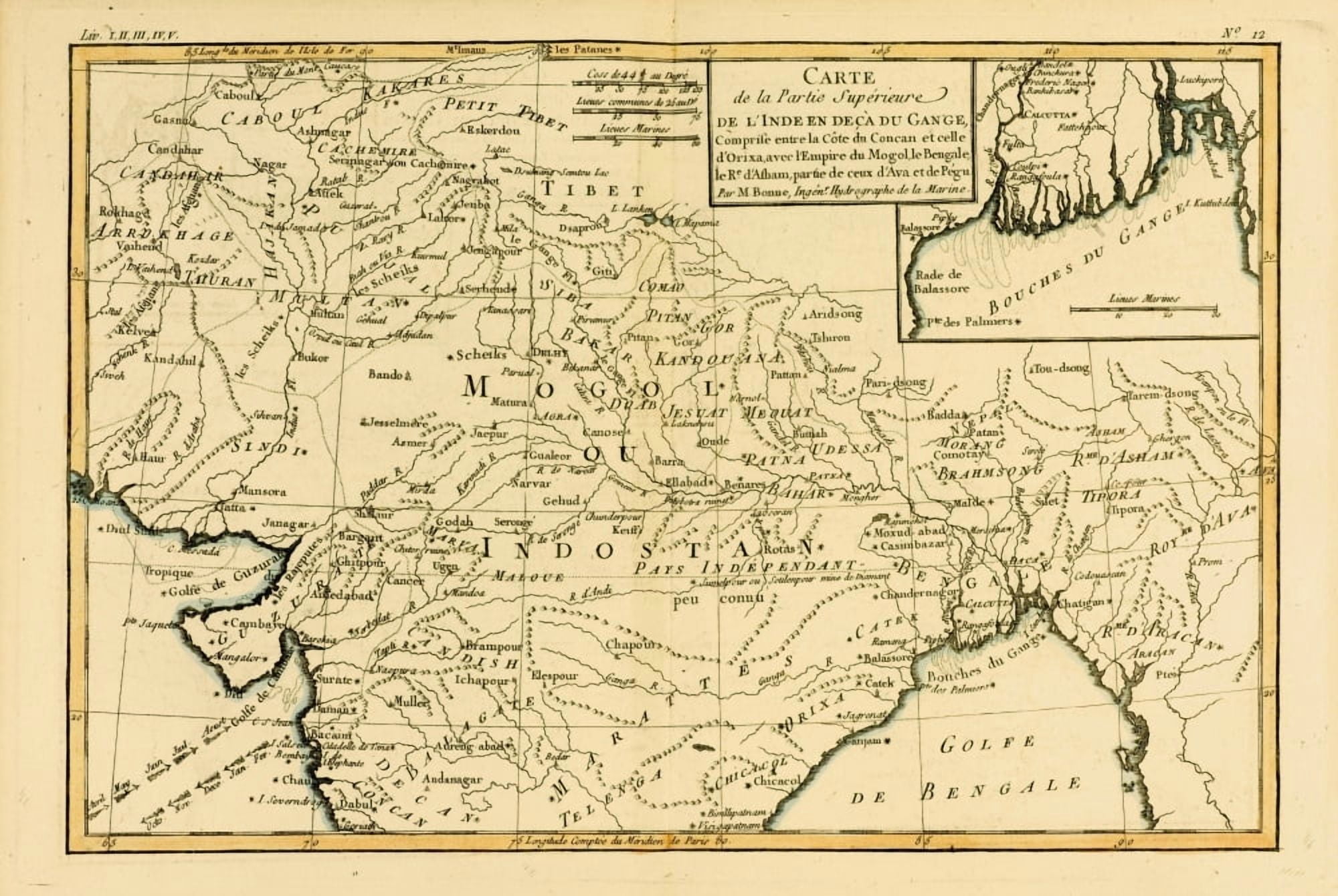 Map Of Northern India Circa1760 From Atlas De Toutes Les Parties Connues Du Globe Terrestre By Cartographer Rigobert Bonne Published Geneva Circa 1760 Canvas Art - Ken Welsh Design Pics (36 x 24)