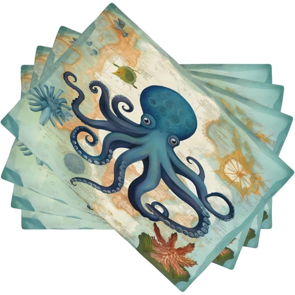 Map Octopus Sea Animals Place Mats Set Four Pieces Washable Table Placemat 12"X18" Standard Size for Dining Table Kitchen Patio Table