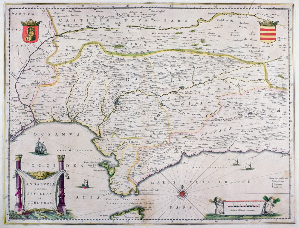 Map Of Andalusia Spain By Willem And Or Joannes Blaeu Published Amsterdam 1640 Canvas Art - Ken Welsh Design Pics (17 x 13)