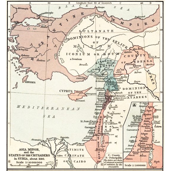 Map Of Asia Minor And The Crusader States In Syria C. 1140. From Historical Atlas Published 1923. by Ken Welsh /