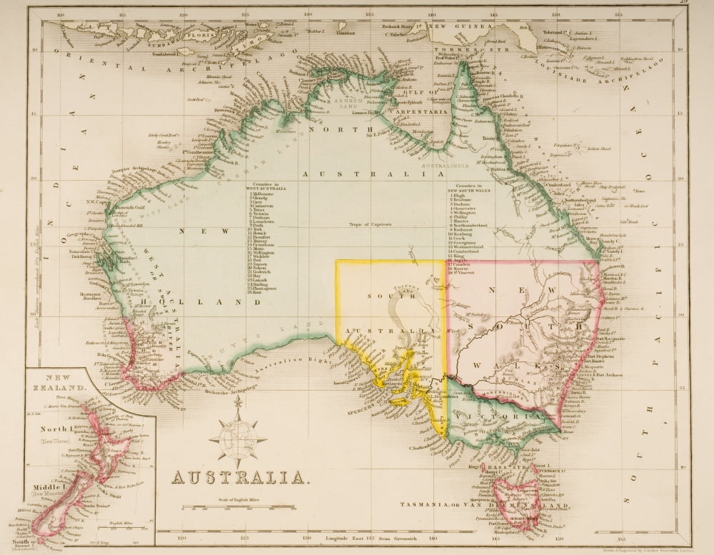 Map Of Australia And New Zealand Drawn And Engraved By J Archer Pentonville London C1830 Canvas Art - Ken Welsh Design Pics (32 x 26)