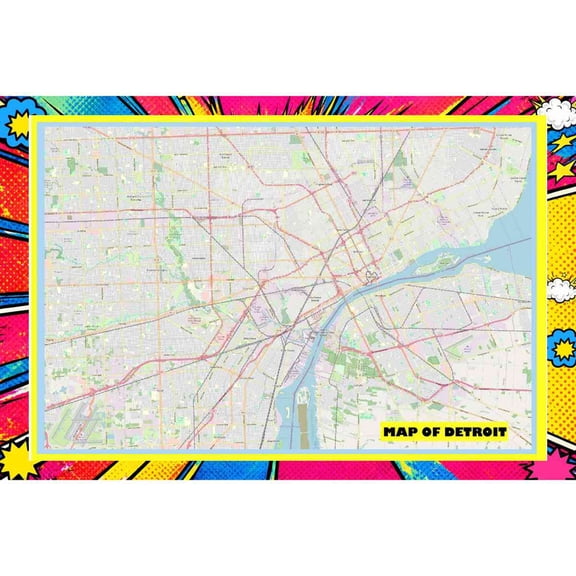 Map Of Detroit 20x30 Inch - Pop Art Edition Vibrant Perfect for Kids Classrooms and Homes Laminated Wall Poster - Vivid Imagery with Bright Colors
