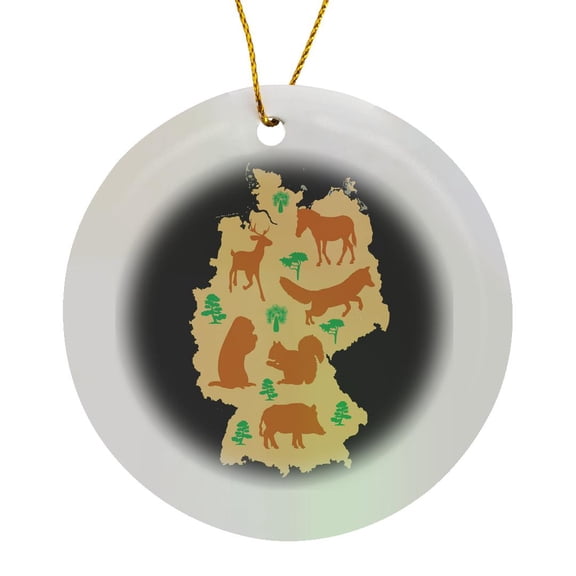 3drose, Map of Germany with Many Animals Fox Deer Squirrel, Circle Porcelain Ornament