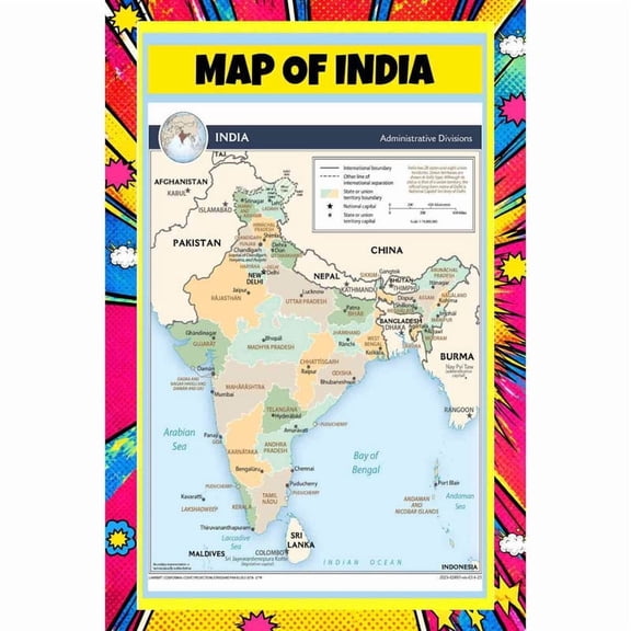Map Of India 18x24 Inch - Pop Art Edition Vibrant Perfect for Kids Classrooms and Homes Laminated Wall Poster - Vivid Imagery with Bright Colors