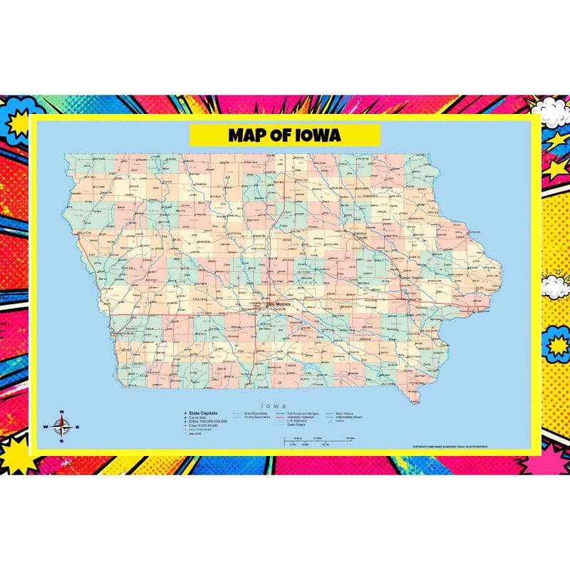 Map Of Iowa 20x30 Inch - Pop Art Edition Vibrant Perfect for Kids ...