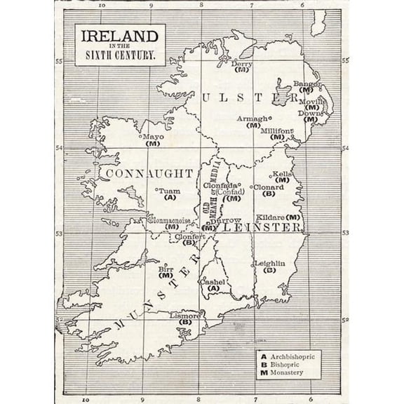 Map Of Ireland In The Sixth Century From The Book The Church Of England A History For The People Published C1910 12 x 17