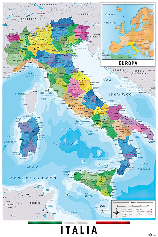 Colorful Map of Italy Vertical Poster Print 24" x 36"