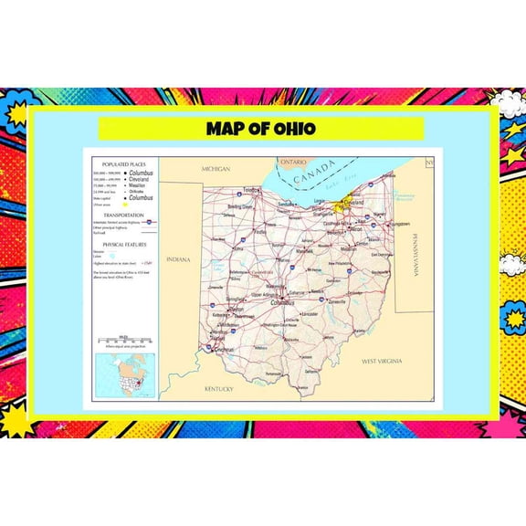 Map Of Ohio 18x24 Inch - Pop Art Edition Vibrant Perfect for Kids Classrooms and Homes Laminated Wall Poster - Vivid Imagery with Bright Colors
