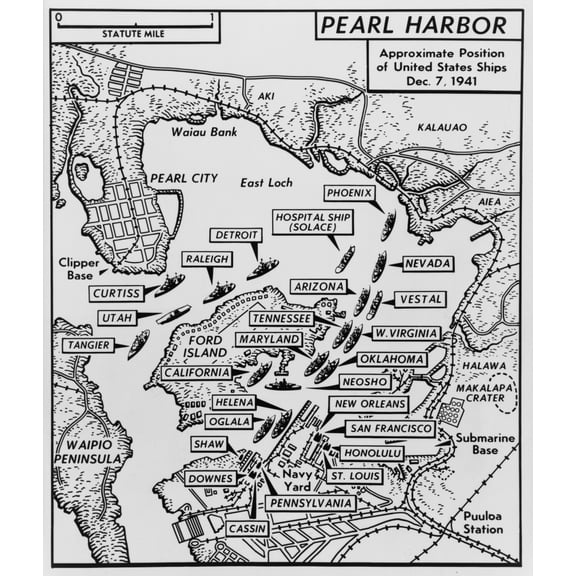 Map Of Pearl Harbor With Location Of Ships Just Prior To The Japanese Attack On Dec. 7 History