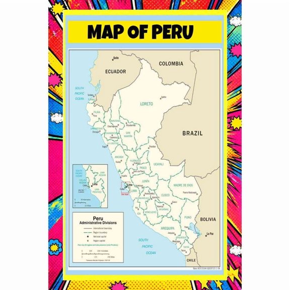 Map Of Peru 36x60 Inch - Pop Art Edition Vibrant Perfect for Kids Classrooms and Homes Laminated Wall Poster - Vivid Imagery with Bright Colors